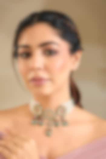 Gold Finish Emerald Stone & Beaded Choker Necklace by Preeti Mohan at Pernia's Pop Up Shop