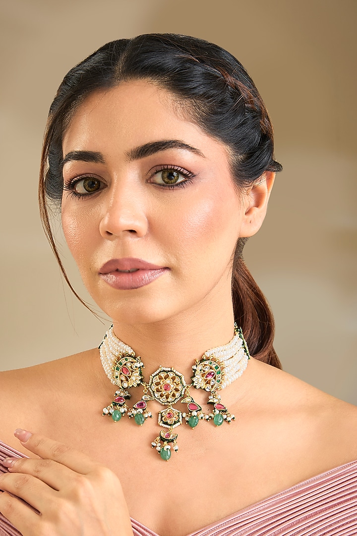 Gold Finish Emerald Stone & Beaded Choker Necklace by Preeti Mohan at Pernia's Pop Up Shop