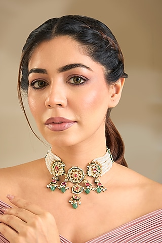Gold Finish Emerald Stone & Beaded Choker Necklace by Preeti Mohan
