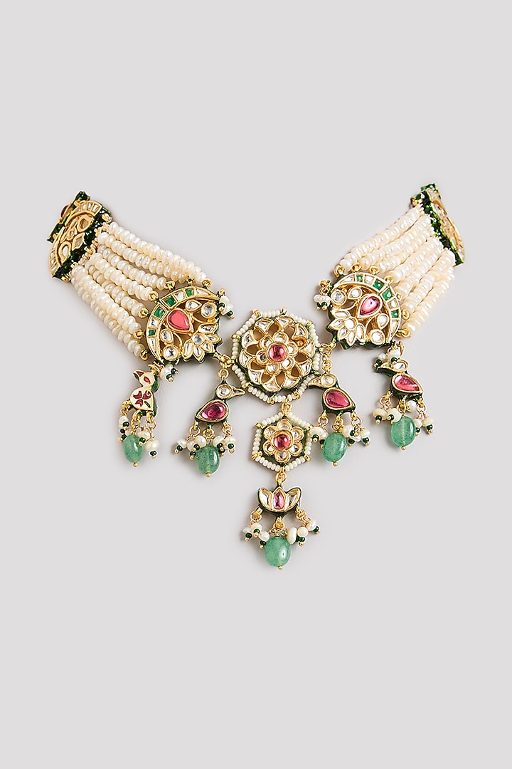 Gold Finish Emerald Stone & Beaded Choker Necklace by Preeti Mohan at Pernia's Pop Up Shop