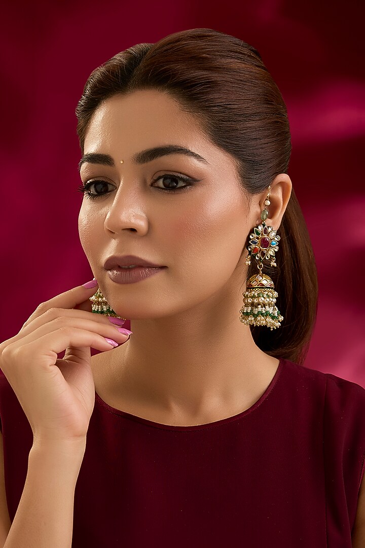 Gold Finish Kundan Polki Jhumka Earrings by Preeti Mohan at Pernia's Pop Up Shop