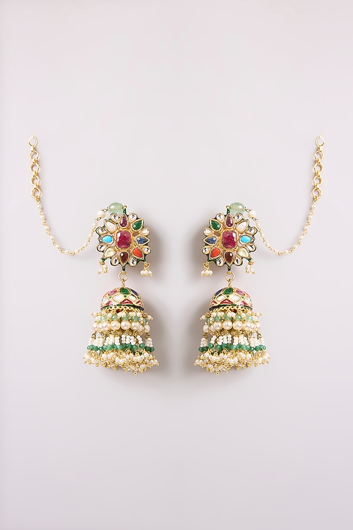 Gold Finish Kundan Polki Jhumka Earrings by Preeti Mohan at Pernia's Pop Up Shop