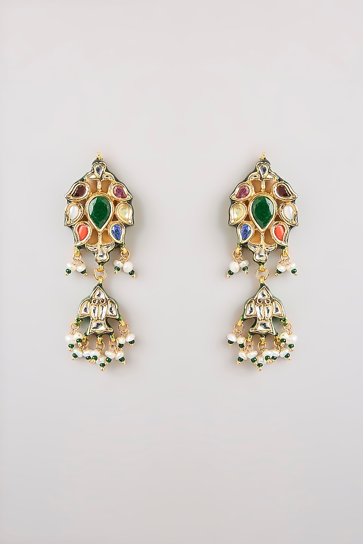 Gold Finish Emerald Stone Dangler Earrings by Preeti Mohan at Pernia's Pop Up Shop