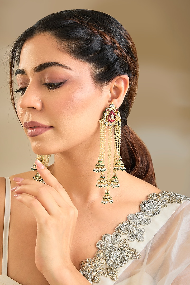 Gold Finish Emerald Stone Dangler Earrings by Preeti Mohan at Pernia's Pop Up Shop