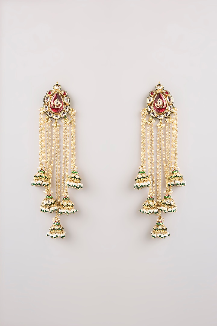 Gold Finish Emerald Stone Dangler Earrings by Preeti Mohan at Pernia's Pop Up Shop