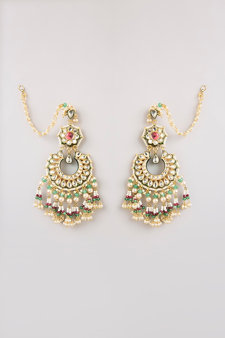 Gold Finish Emerald Stone Dangler Earrings by Preeti Mohan at Pernia's Pop Up Shop