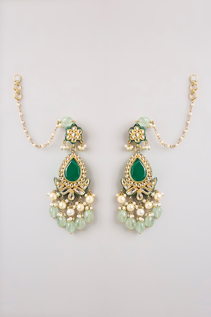 Gold Finish Kundan Polki & Green Stone Dangler Earrings by Preeti Mohan at Pernia's Pop Up Shop