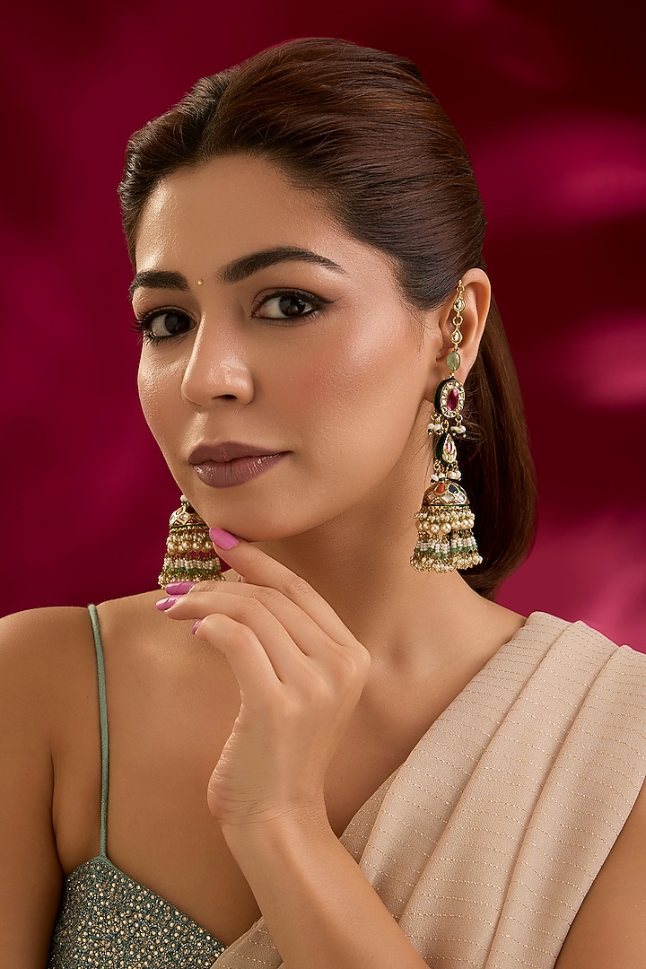 Gold Finish Kundan Polki Jhumka Earrings by Preeti Mohan at Pernia's Pop Up Shop
