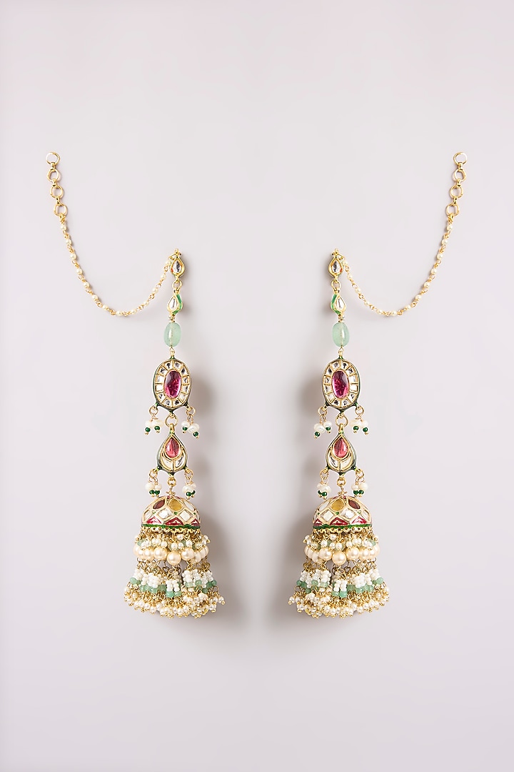 Gold Finish Kundan Polki Jhumka Earrings by Preeti Mohan at Pernia's Pop Up Shop