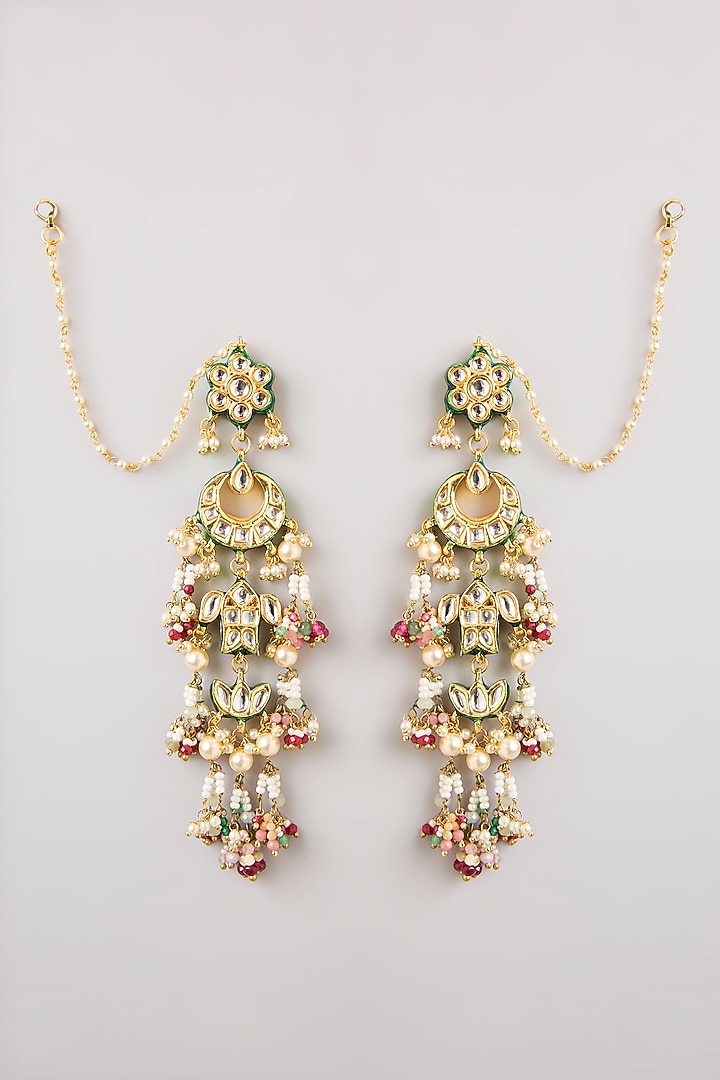 Gold Finish Kundan Polki & Seed Pearl Dangler Earrings by Preeti Mohan at Pernia's Pop Up Shop
