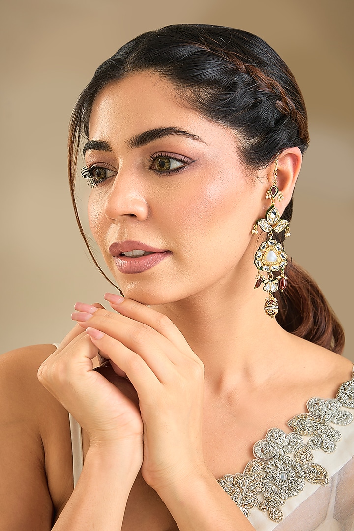 Gold Finish Kundan Polki & Pearl Dangler Earrings by Preeti Mohan at Pernia's Pop Up Shop