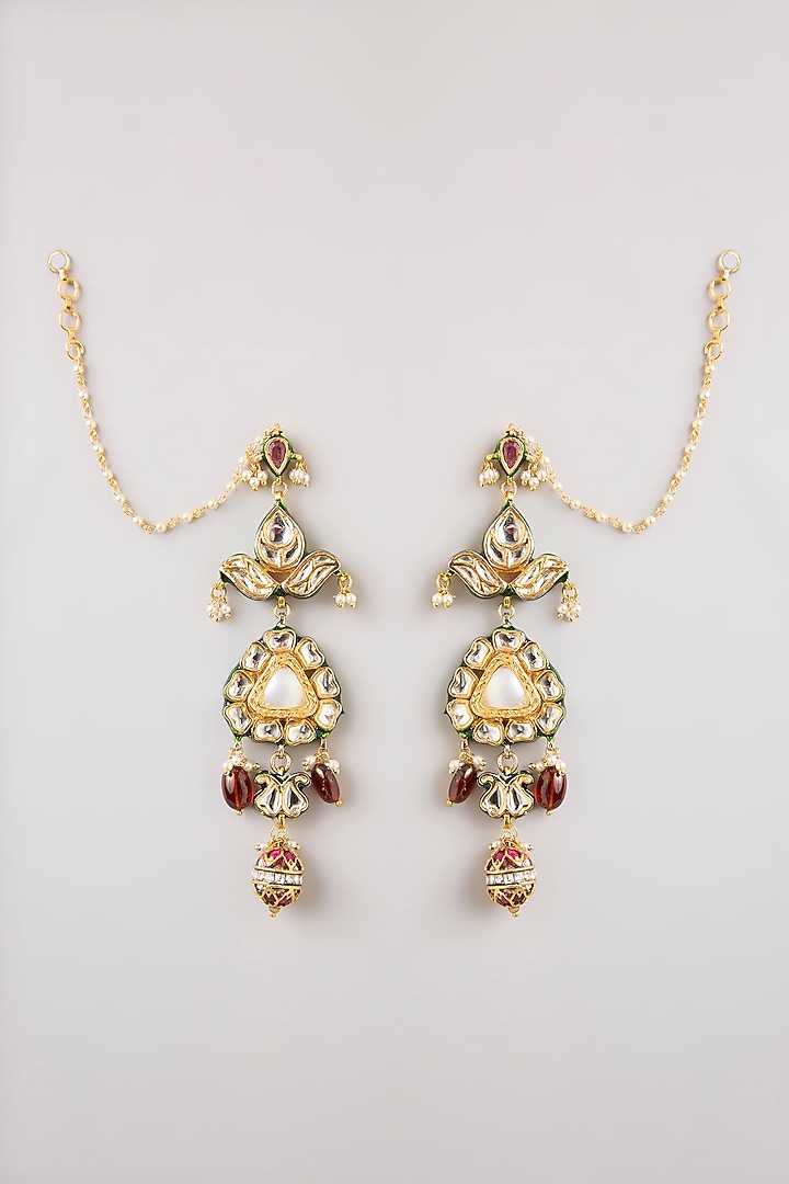 Gold Finish Kundan Polki & Pearl Dangler Earrings by Preeti Mohan at Pernia's Pop Up Shop