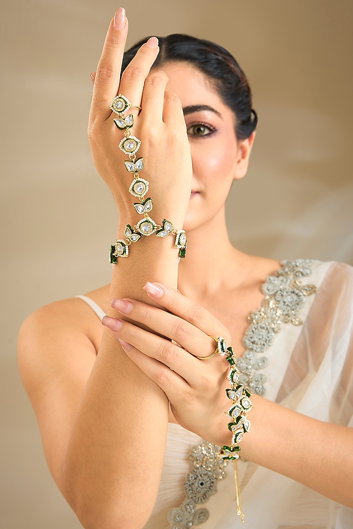 Gold Finish Kundan Polki Haathphool (Set Of 2) by Preeti Mohan at Pernia's Pop Up Shop