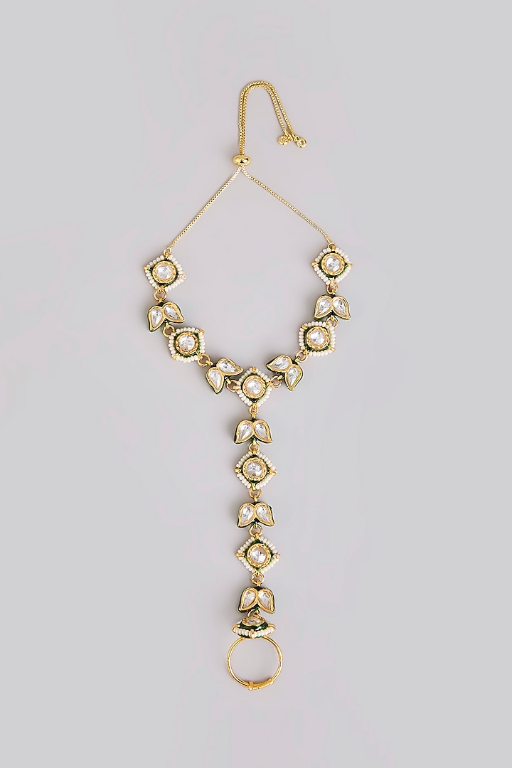 Gold Finish Kundan Polki Haathphool (Set Of 2) by Preeti Mohan at Pernia's Pop Up Shop