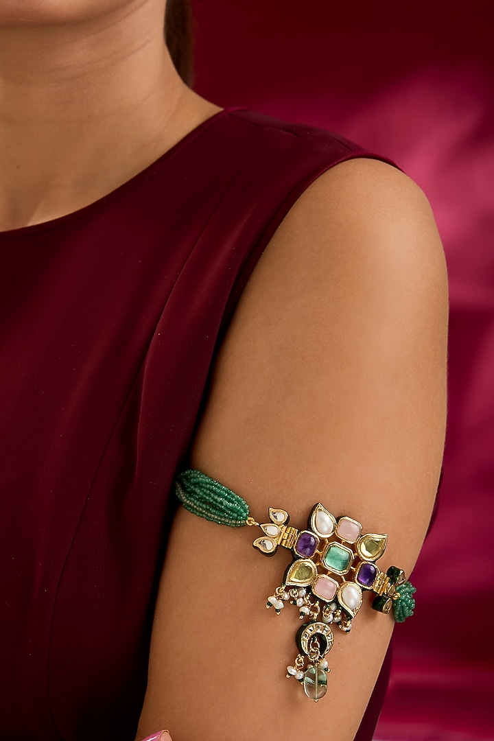 Gold Finish Kundan Polki & Green Beaded Bajubandh by Preeti Mohan at Pernia's Pop Up Shop