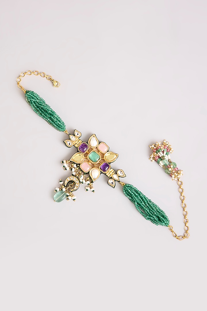 Gold Finish Kundan Polki & Green Beaded Bajubandh by Preeti Mohan at Pernia's Pop Up Shop