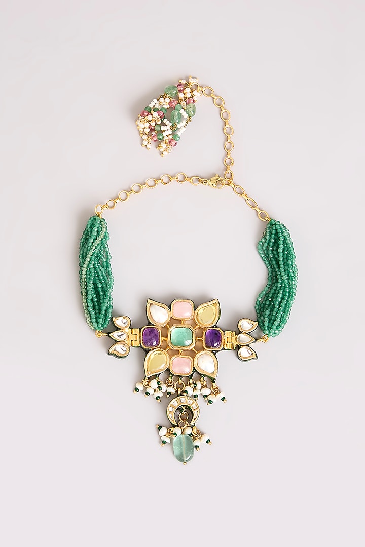 Gold Finish Kundan Polki & Green Beaded Bajubandh by Preeti Mohan at Pernia's Pop Up Shop