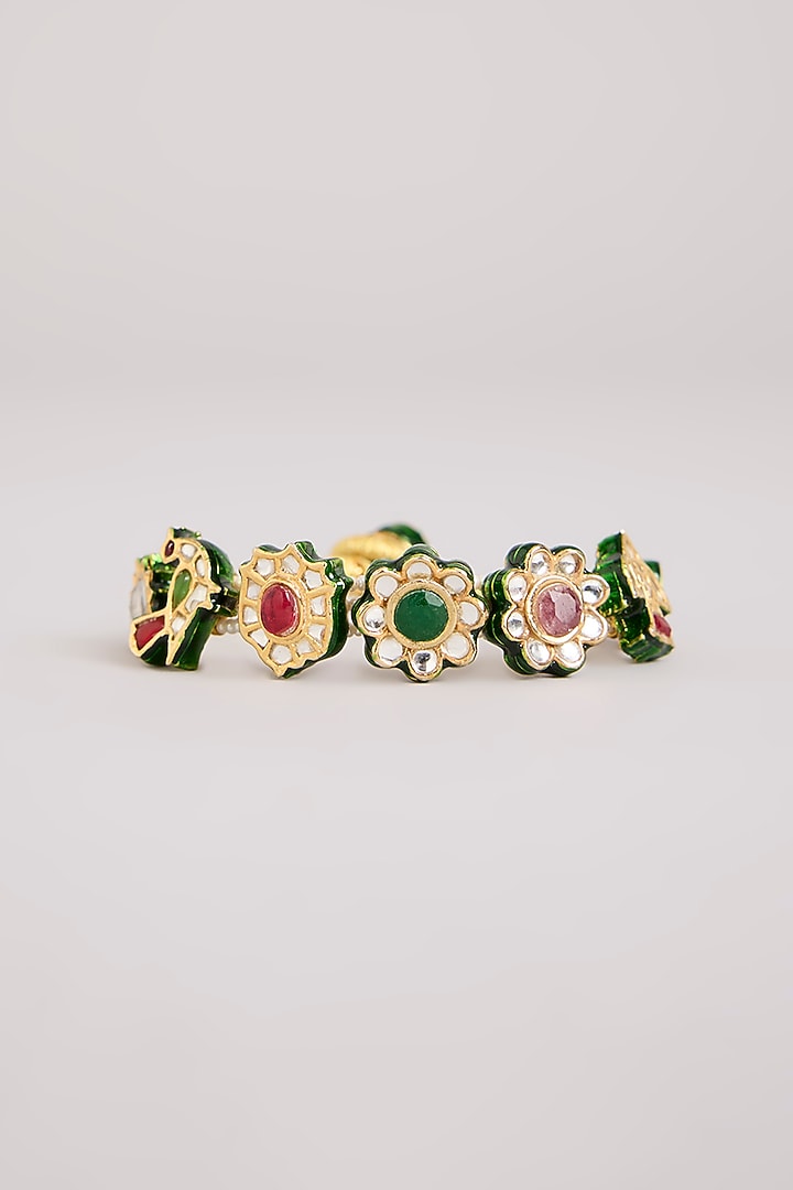 Gold Finish Floral Kundan Polki Adjustable Bracelet by Preeti Mohan at Pernia's Pop Up Shop