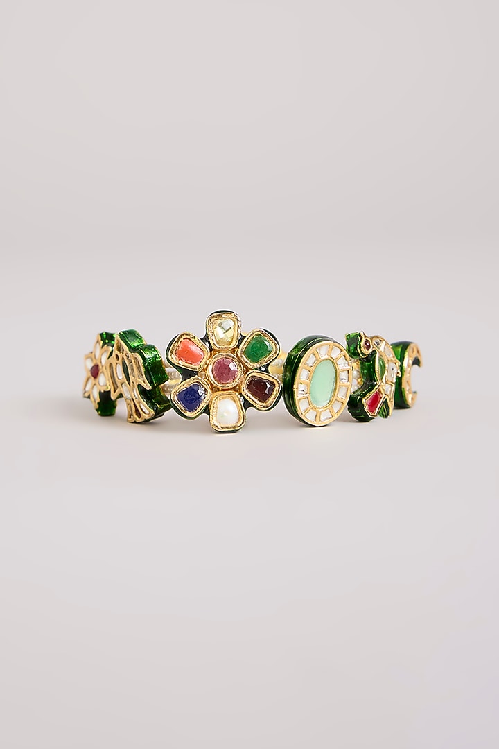 Gold Finish Floral Kundan Polki Adjustable Bracelet by Preeti Mohan at Pernia's Pop Up Shop