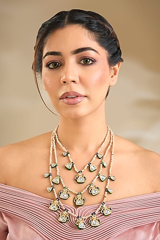 Gold Finish Kundan Polki & White Beaded Layered Necklace by Preeti Mohan
