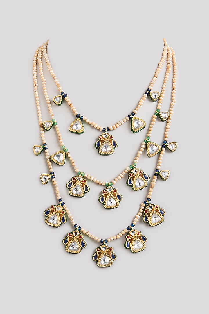 Gold Finish Kundan Polki & White Beaded Layered Necklace by Preeti Mohan at Pernia's Pop Up Shop