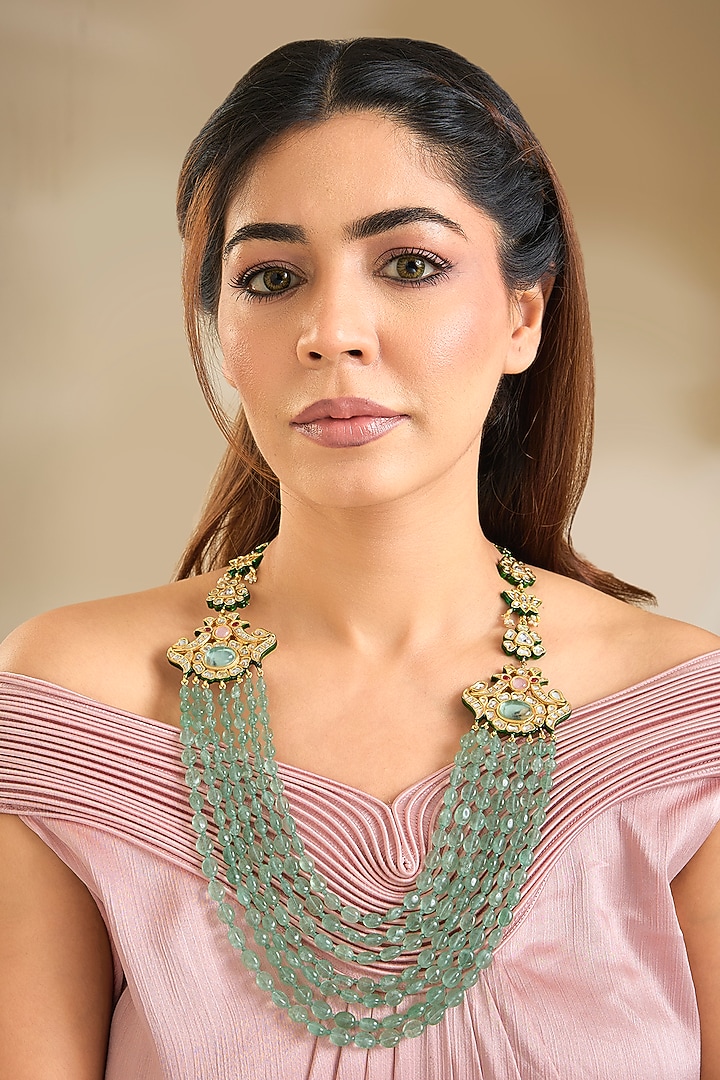 Gold Finish Kundan Polki & Aqua Blue Stone Mala Necklace by Preeti Mohan at Pernia's Pop Up Shop
