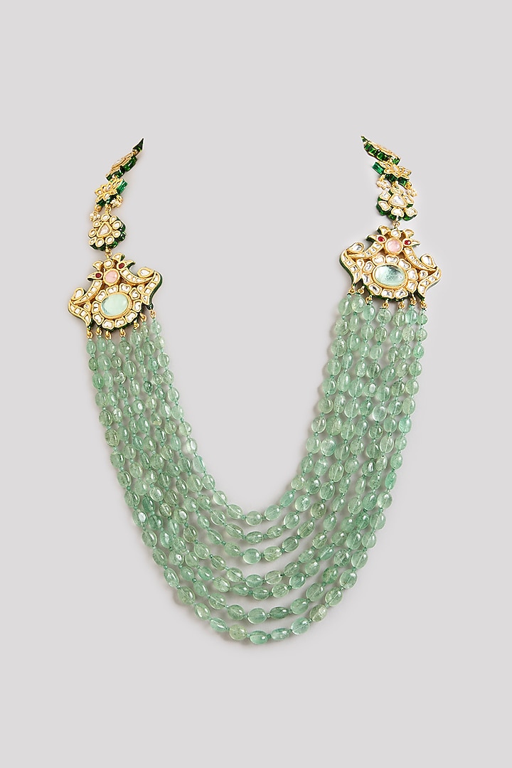Gold Finish Kundan Polki & Aqua Blue Stone Mala Necklace by Preeti Mohan at Pernia's Pop Up Shop