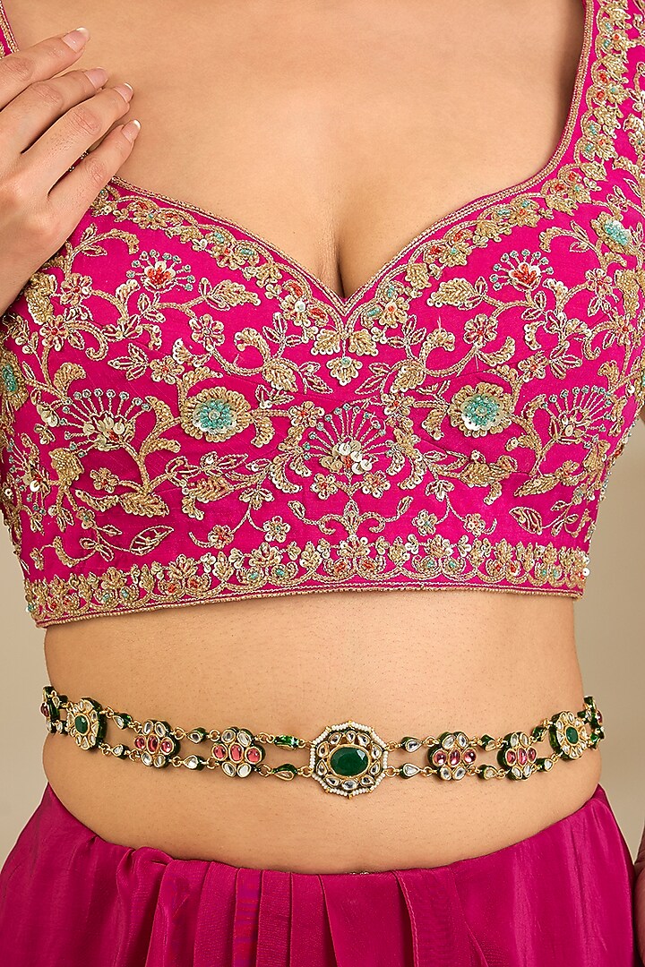 Gold Finish Kundan Polki & Green Stone Kamarband by Preeti Mohan at Pernia's Pop Up Shop