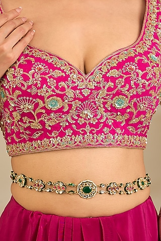 Gold Finish Kundan Polki & Green Stone Kamarband by Preeti Mohan