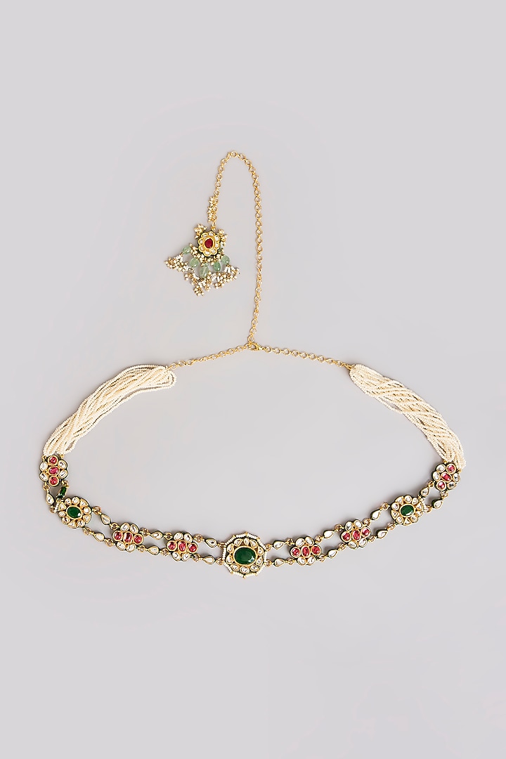 Gold Finish Kundan Polki & Green Stone Kamarband by Preeti Mohan at Pernia's Pop Up Shop