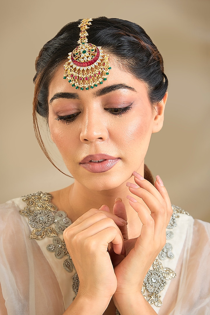 Gold Finish Kundan Polki & Green Beaded Maangtikka by Preeti Mohan at Pernia's Pop Up Shop