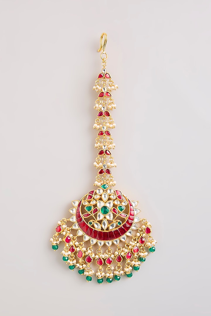 Gold Finish Kundan Polki & Green Beaded Maangtikka by Preeti Mohan at Pernia's Pop Up Shop
