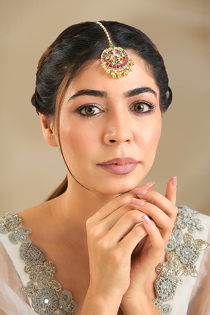 Gold Finish Kundan Polki & Multi-Colored Stone Maangtikka by Preeti Mohan at Pernia's Pop Up Shop