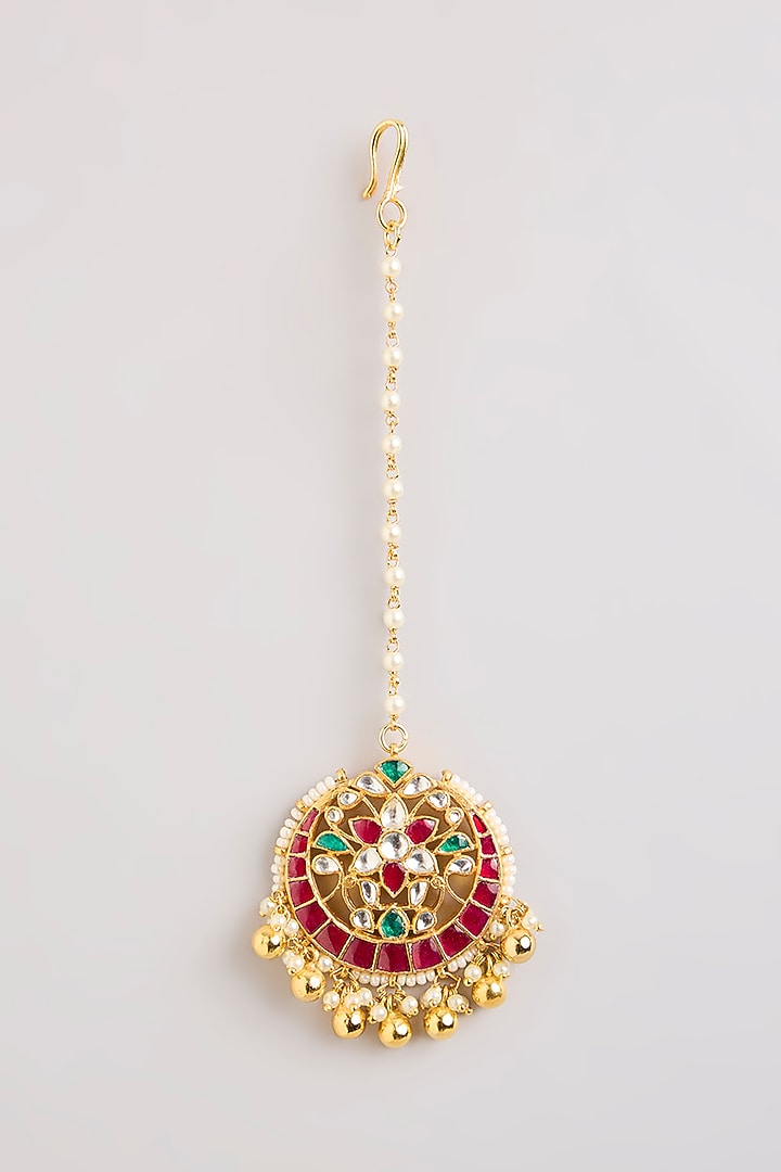 Gold Finish Kundan Polki & Multi-Colored Stone Maangtikka by Preeti Mohan at Pernia's Pop Up Shop