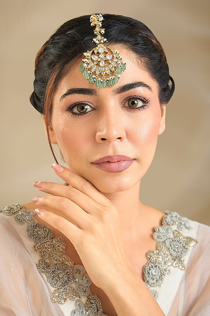 Gold Finish Kundan Polki & Green Stone Maangtikka by Preeti Mohan at Pernia's Pop Up Shop