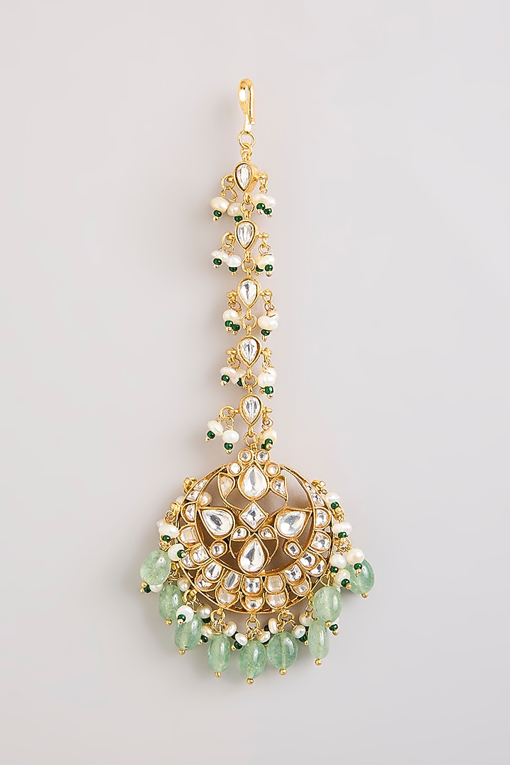 Gold Finish Kundan Polki & Green Stone Maangtikka by Preeti Mohan at Pernia's Pop Up Shop