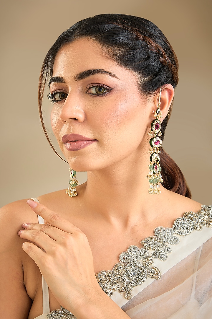 Gold Finish Kundan Polki & Green Stone Dangler Earrings by Preeti Mohan at Pernia's Pop Up Shop