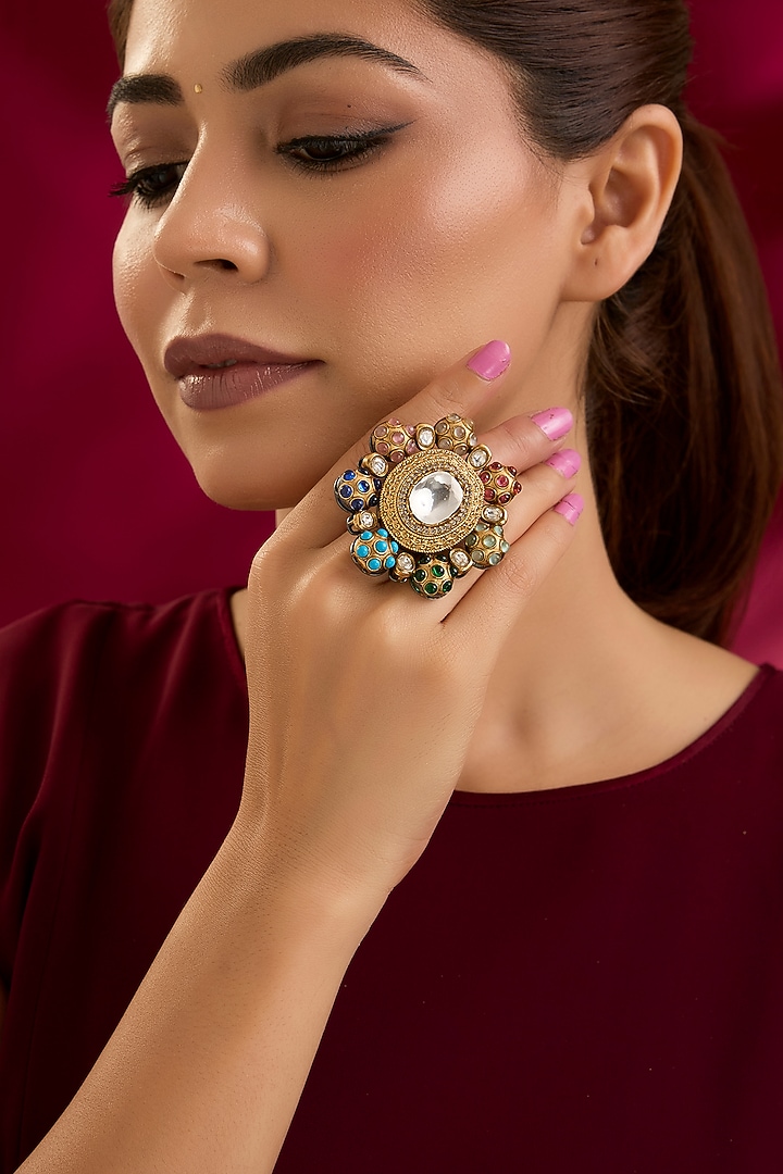 Gold Finish Kundan Polki Adjustable Ring by Preeti Mohan at Pernia's Pop Up Shop