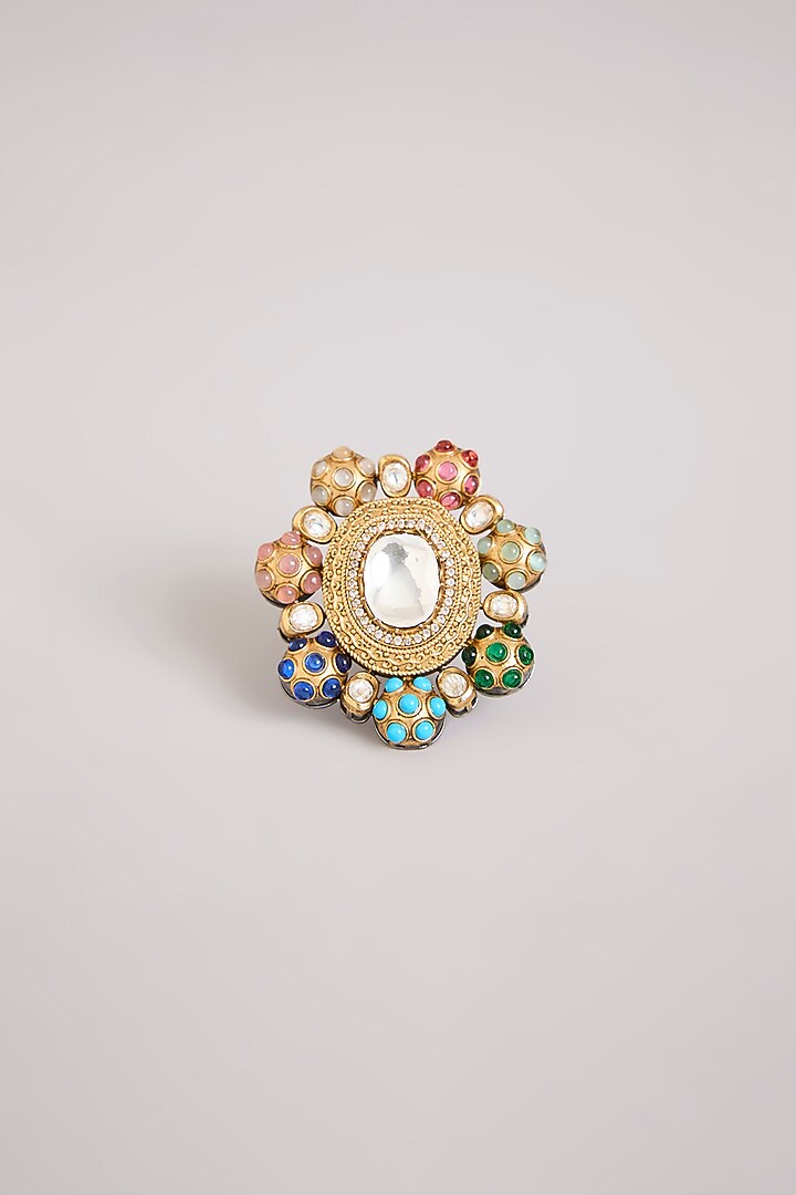 Gold Finish Kundan Polki Adjustable Ring by Preeti Mohan at Pernia's Pop Up Shop