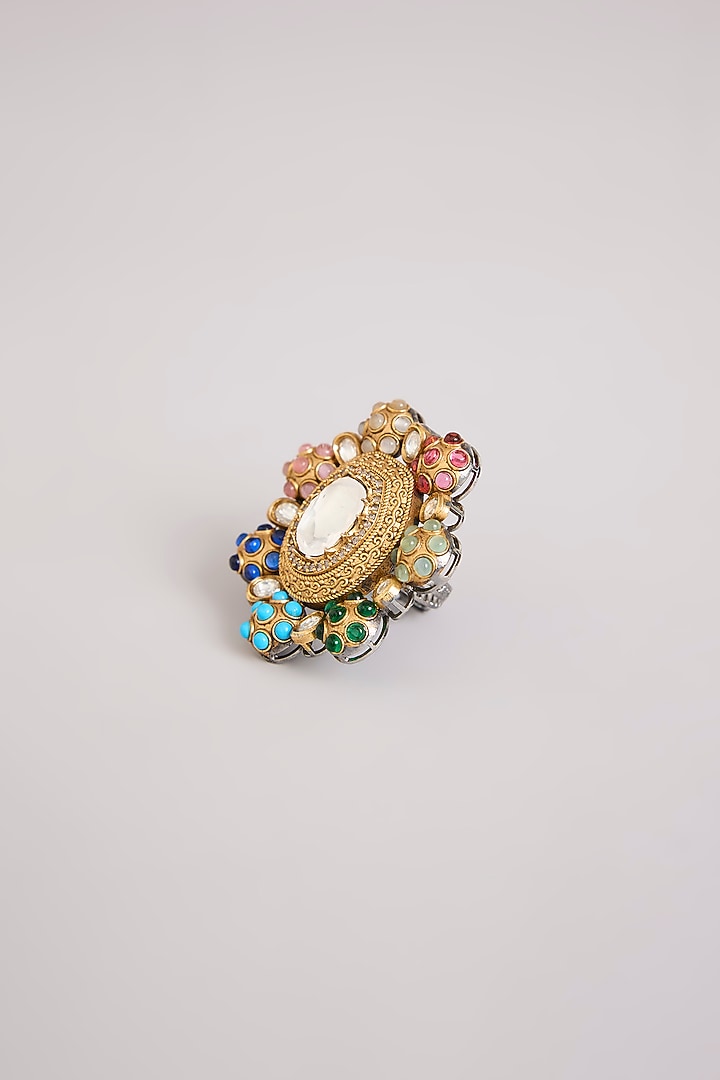 Gold Finish Kundan Polki Adjustable Ring by Preeti Mohan at Pernia's Pop Up Shop