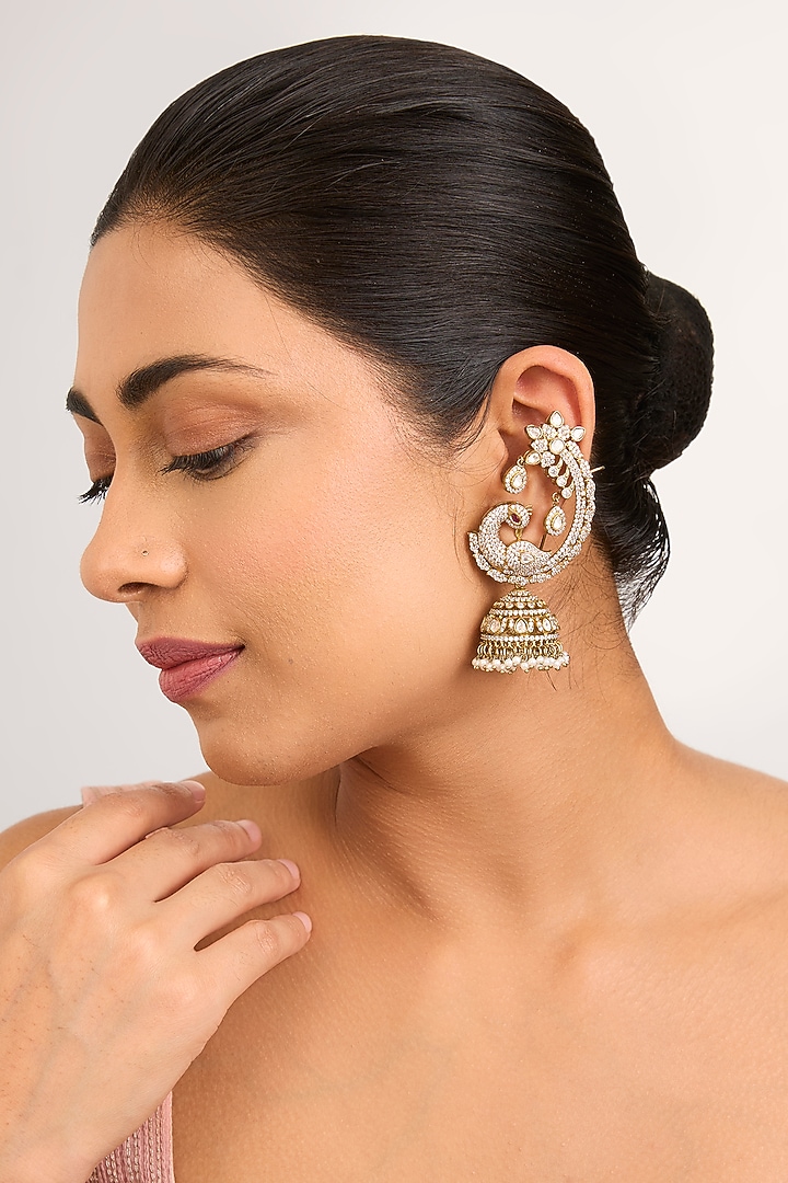 Gold Finish Kundan Polki & Seed Pearl Jhumka Earcuffs by Preeti Mohan at Pernia's Pop Up Shop