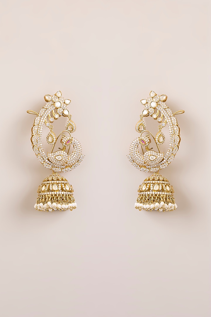 Gold Finish Kundan Polki & Seed Pearl Jhumka Earcuffs by Preeti Mohan at Pernia's Pop Up Shop