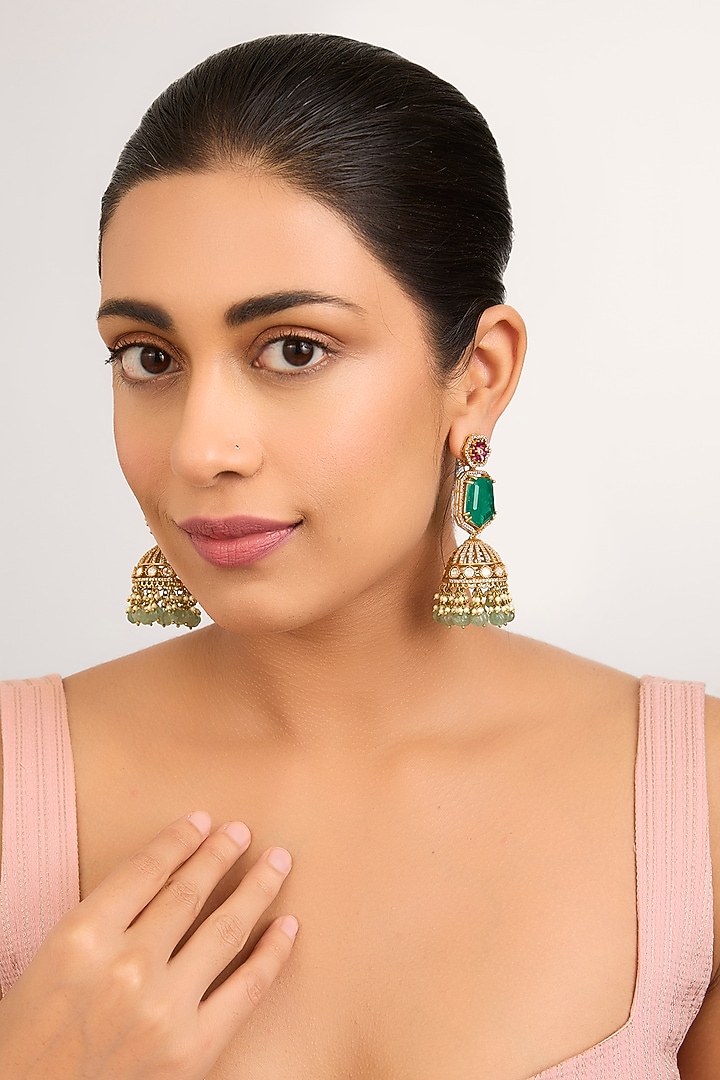 Gold Finish Kundan Polki & Green Stone Jhumka Earrings by Preeti Mohan at Pernia's Pop Up Shop