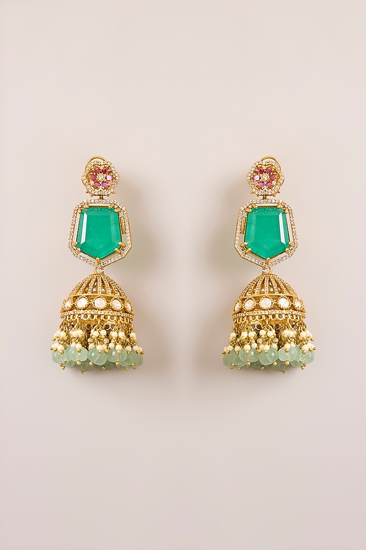 Gold Finish Kundan Polki & Green Stone Jhumka Earrings by Preeti Mohan at Pernia's Pop Up Shop