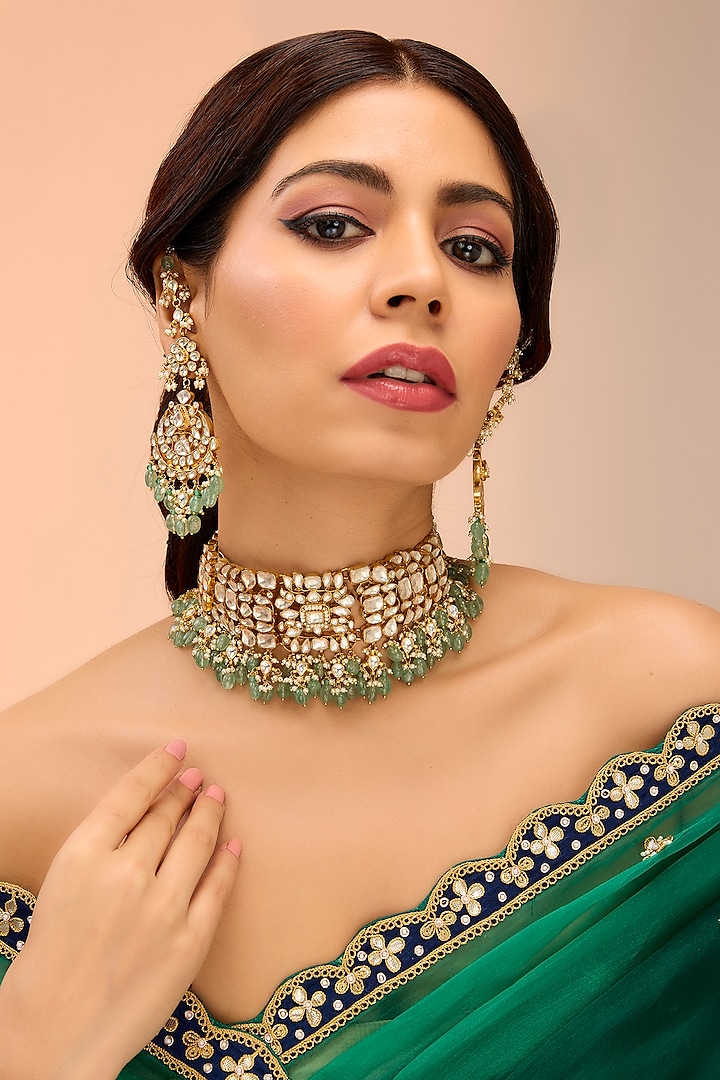 Gold Finish Kundan Polki Deep Green Onyx Choker Necklace Set by
