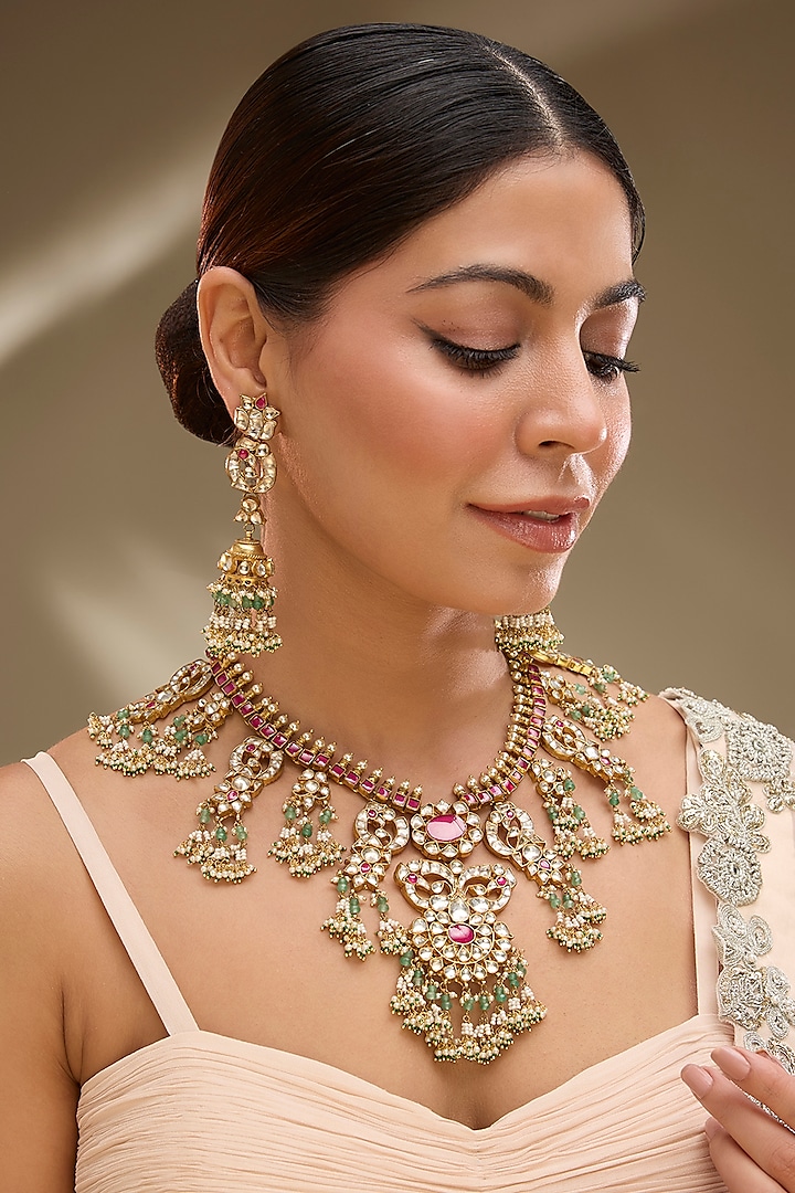 Gold Finish Kundan Polki Necklace Set by Preeti Mohan at Pernia's Pop Up Shop