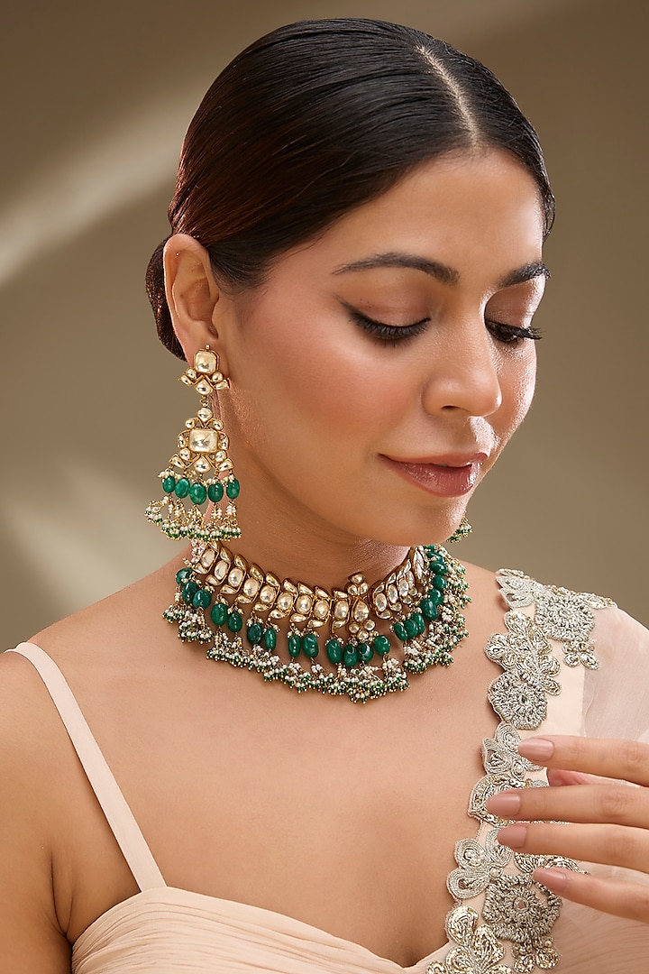 Gold Finish Kundan Polki Choker Necklace Set by Preeti Mohan at Pernia's Pop Up Shop