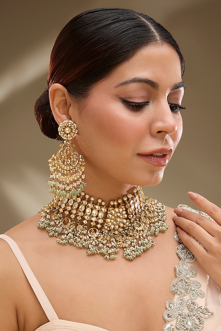 Gold Finish Kundan Polki Choker Necklace Set by Preeti Mohan at Pernia's Pop Up Shop