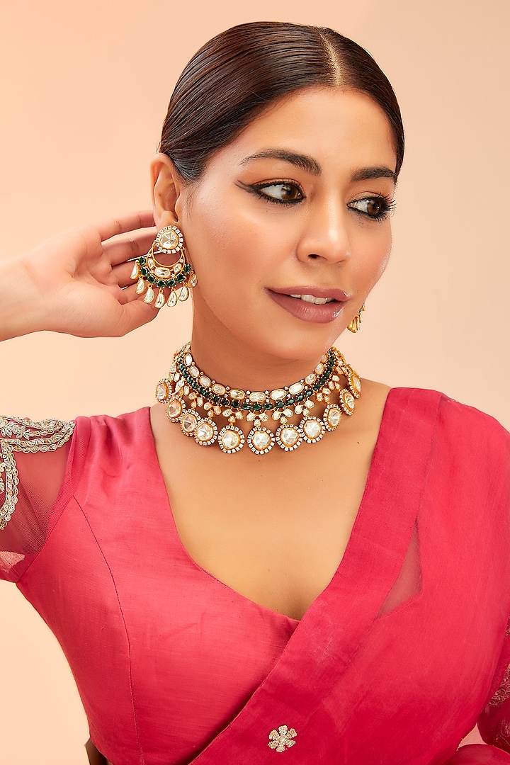Gold Finish Moissanite & Green Onyx Drop Necklace Set by Preeti Mohan at Pernia's Pop Up Shop