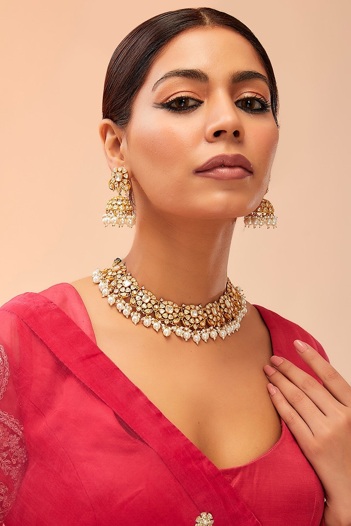 Gold Finish Moissanite & Pearl Drop Necklace Set by Preeti Mohan at Pernia's Pop Up Shop